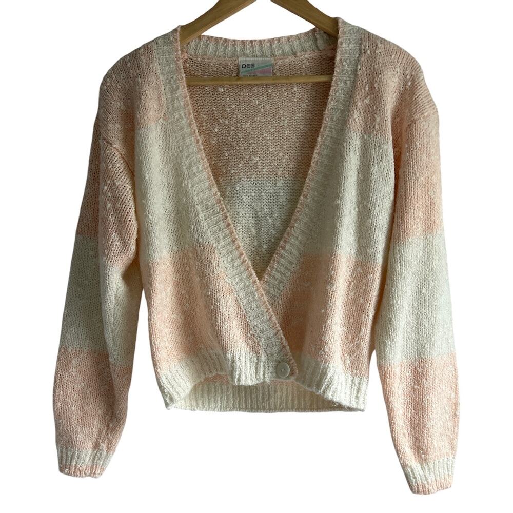 DEB Vintage Women’s Size Medium Pink & White Block‎ Stripe Sweater Cardigan
